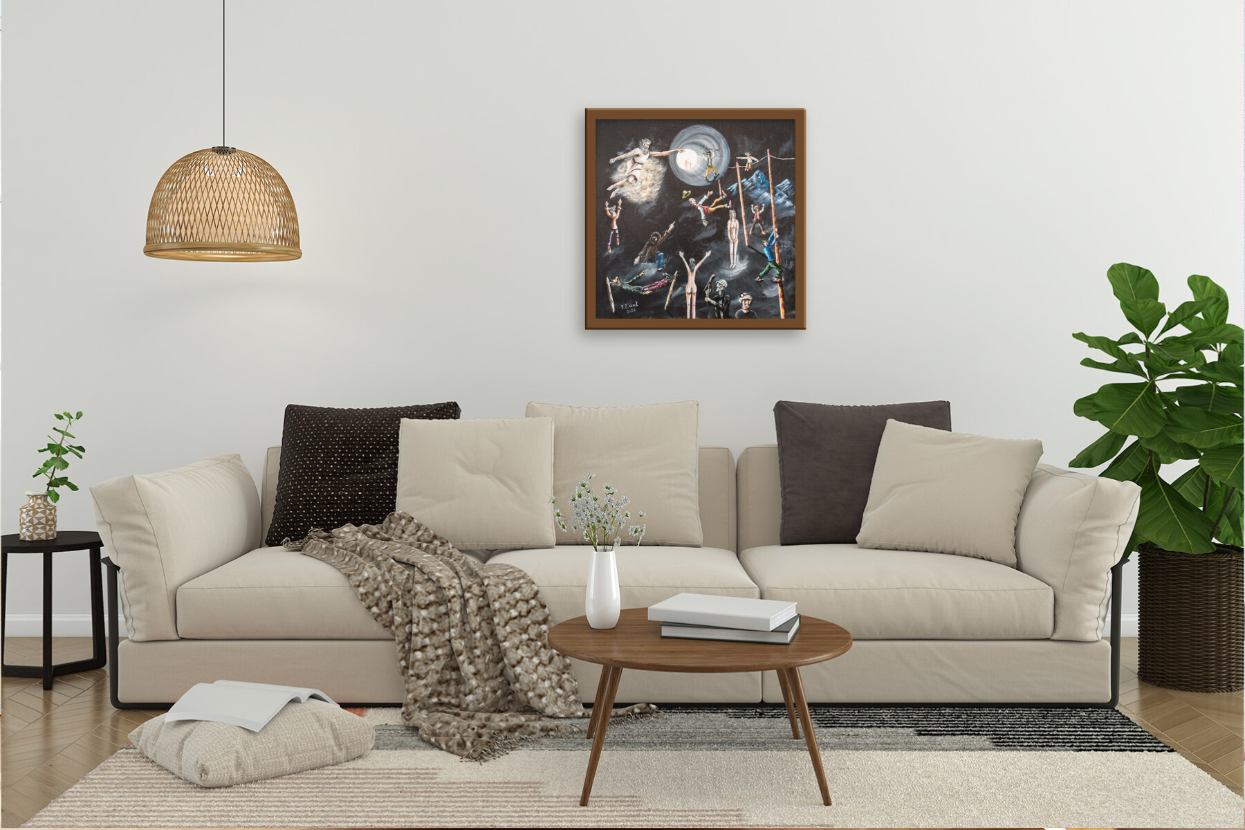 Mid-century modern living room interior design with monstera tre